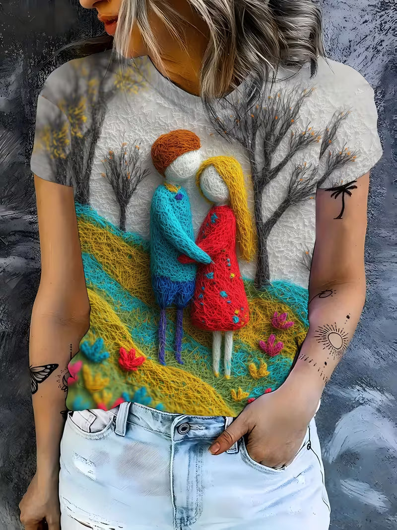 Women's Romantic Couple & Landscape Art T-Shirt - Textured Yarn- Short Sleeve Top