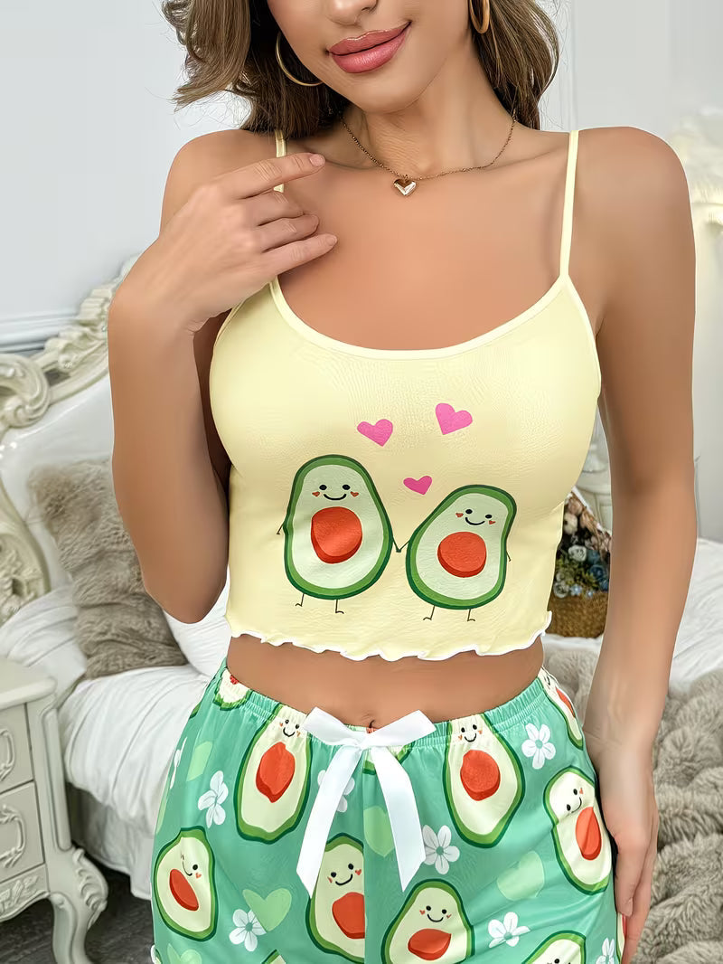Cute Avocado Print Cami Top and Shorts Set Yellow
