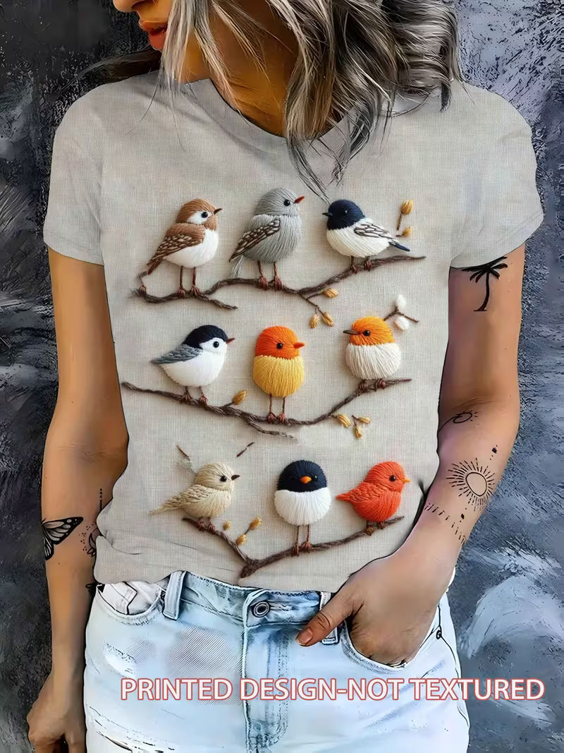 Women's Artistic Style Multicolor Bird Print Short Sleeve T-Shirt