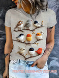 Women's Artistic Style Multicolor Bird Print Short Sleeve T-Shirt