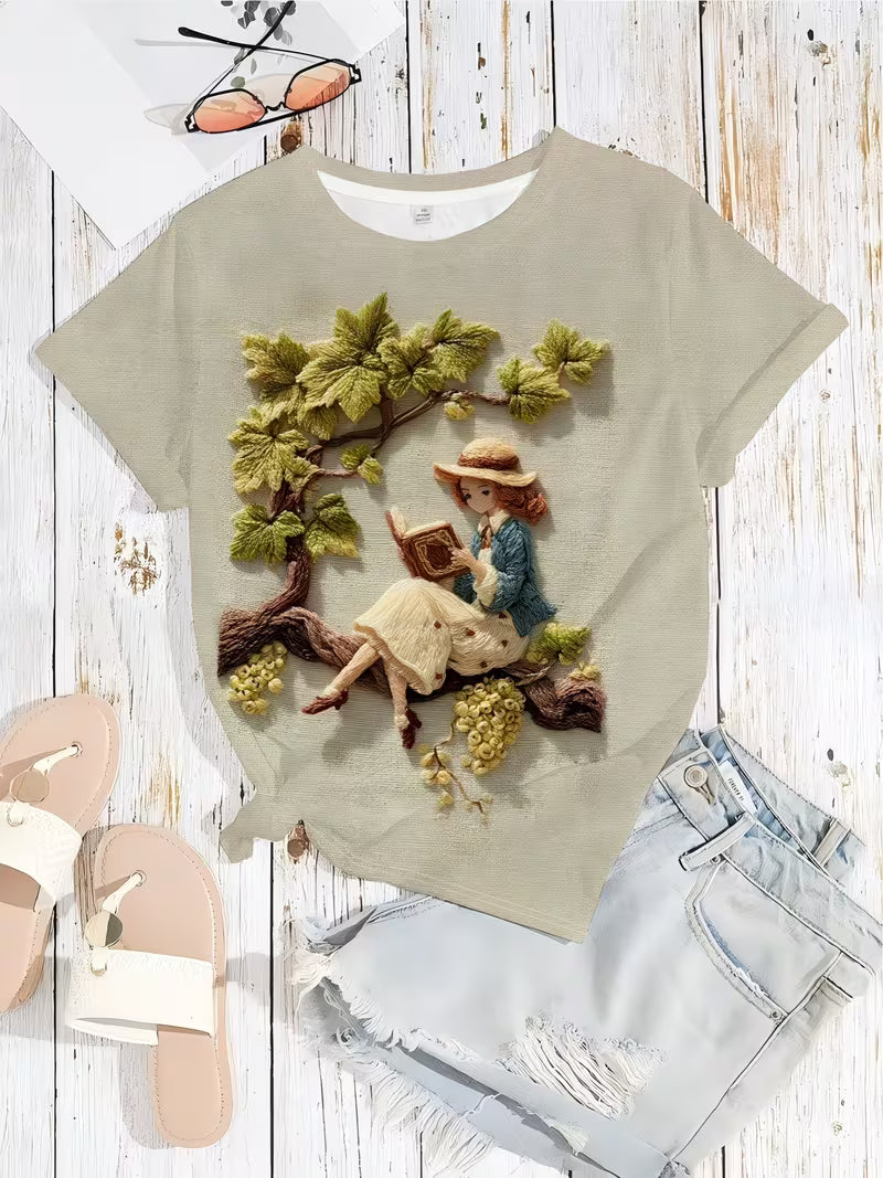 Grapevine Embroidery T-Shirt | Elegant Round Neck, Women's Fashion Top