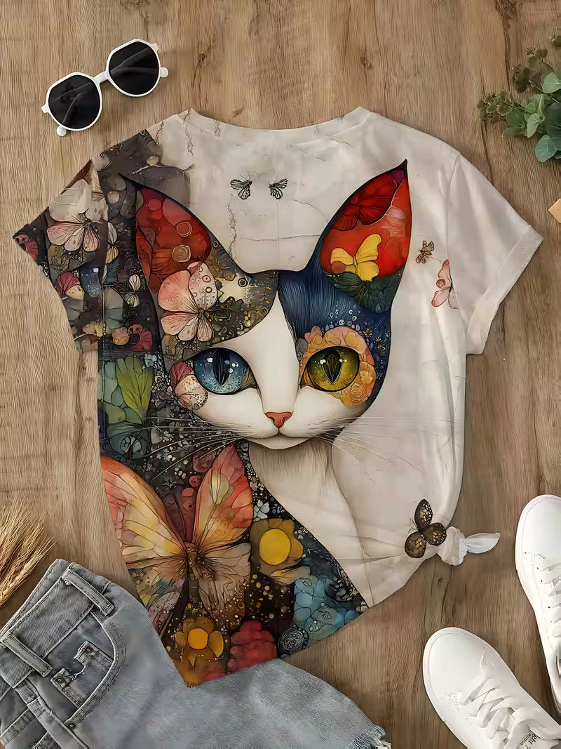 Women's Elegant Cat Graphic T-Shirt - Soft Breathable Everyday Tee with Round Neck for Casual