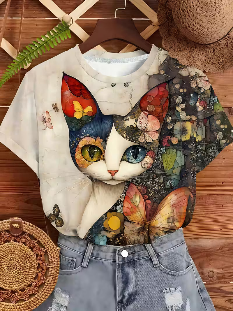 Women's Elegant Cat Graphic T-Shirt - Soft Breathable Everyday Tee with Round Neck for Casual