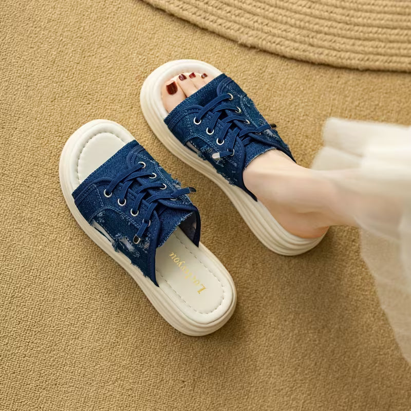 Ladies' White Platform Sandals with a Lace-Up Design And Geometric Pattern Embellishments, Featuring a Casual And Trendy Style Blue