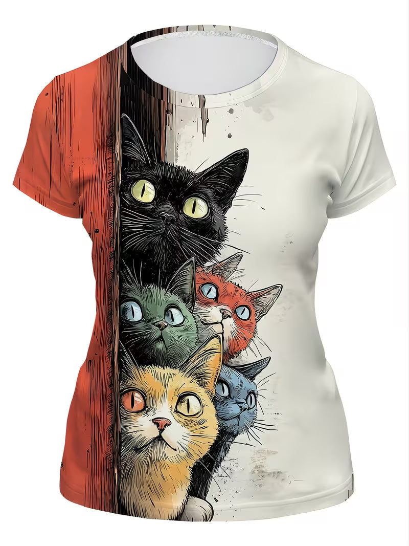 Color-Blocked Patchwork T-Shirt Featuring a Multi-Colored Cute Cat Print for Women