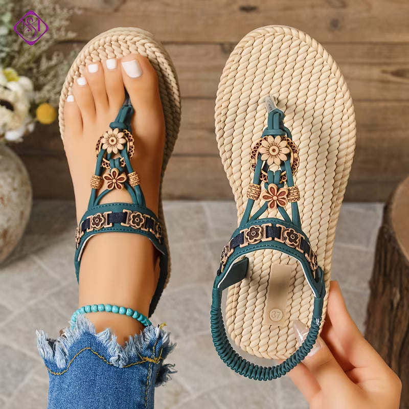 Women's Bohemian Ethnic Style Flat Sandals, Vintage Open-Toe Lightweight Comfortable Elegant Sandals, New Fashion Cross-Border Flat Sandals for Outdoor Blue