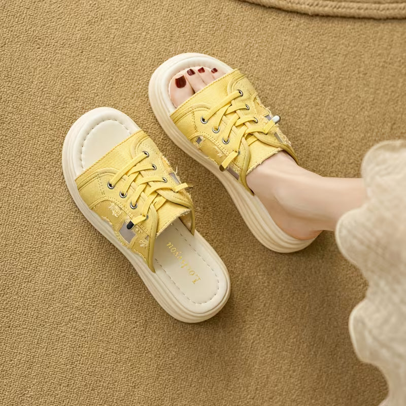 Ladies' White Platform Sandals with a Lace-Up Design And Geometric Pattern Embellishments, Featuring a Casual And Trendy Style Yellow
