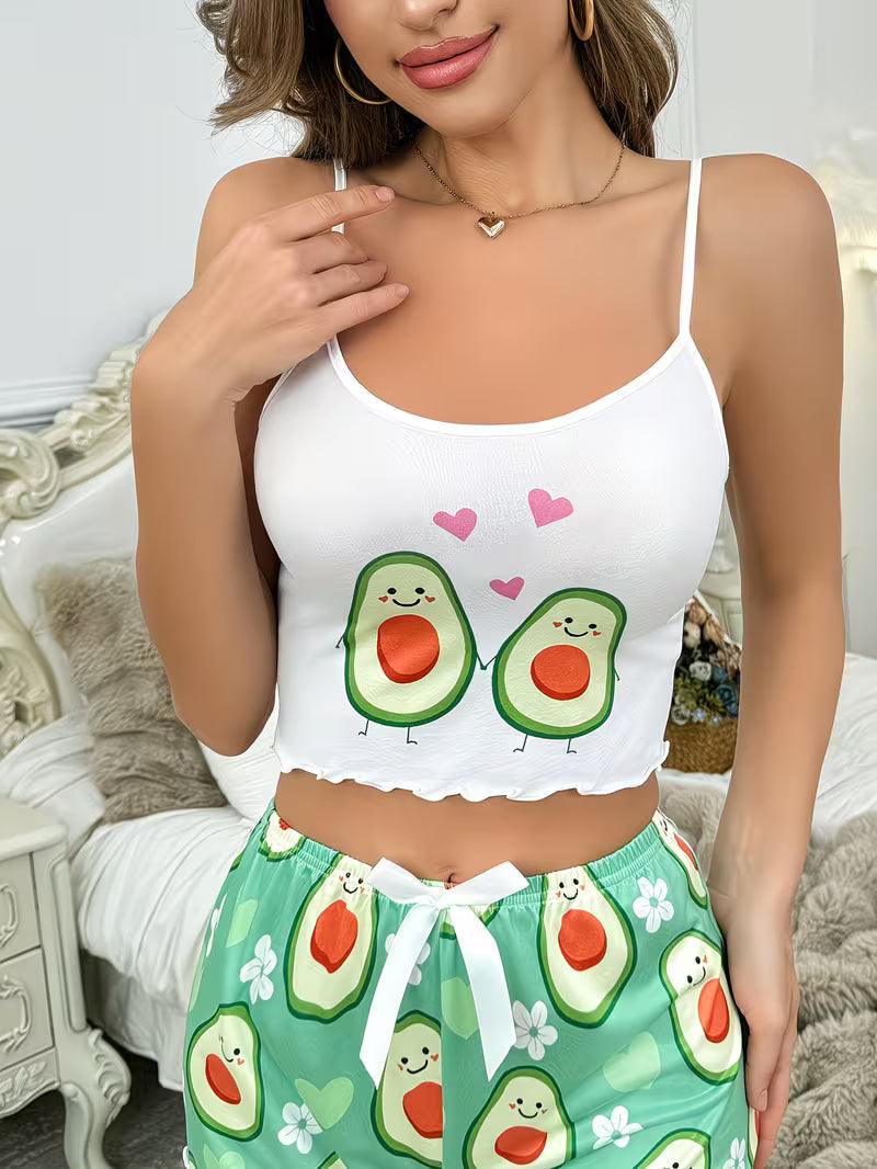 Cute Avocado Print Cami Top and Shorts Set White