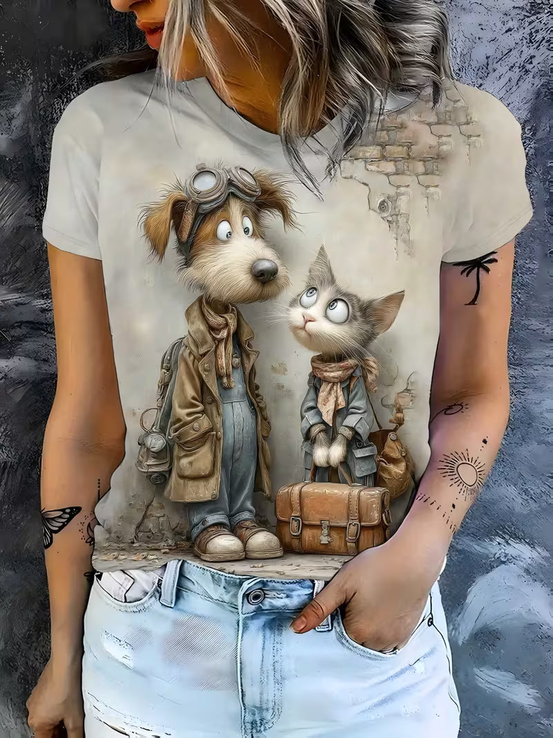 Women's Cat & Dog Print Round Neck T-Shirt - Cute Pet Patterns