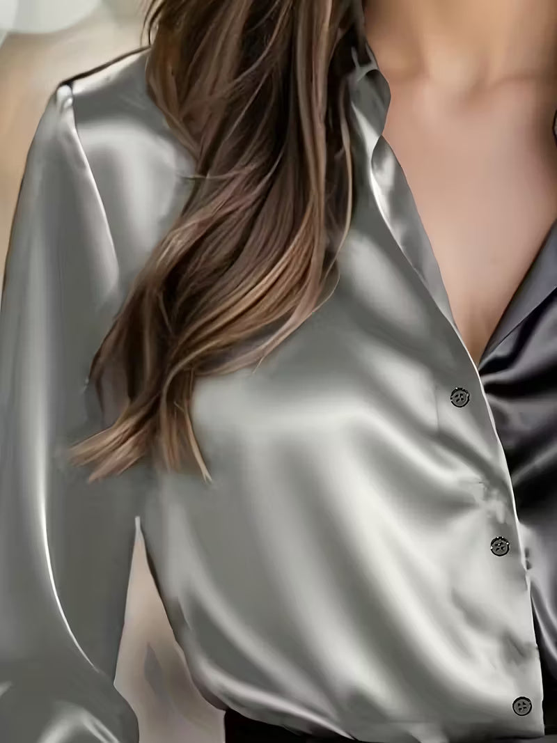 A Stylish Solid Color Satin Shirt Grey