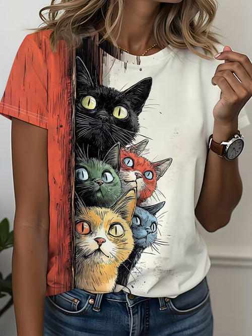 Color-Blocked Patchwork T-Shirt Featuring a Multi-Colored Cute Cat Print for Women