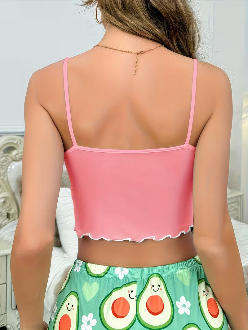 Cute Avocado Print Cami Top and Shorts Set Pink