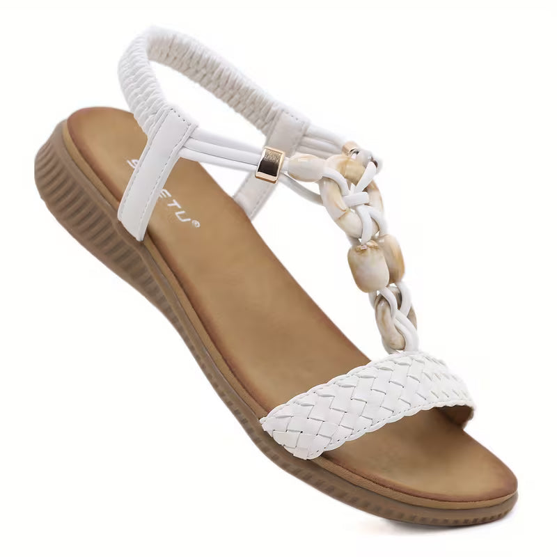 Women's Bohemian Beaded Ankle Strap Sandals White