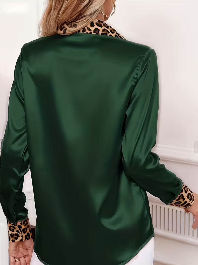 A Stylish Solid Color Satin Shirt Leopard Green