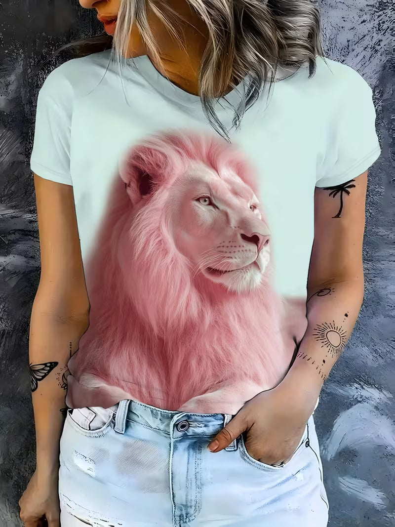 Pink Lion Printed T-shirt | Light Blue Background, Elegant and Comfortable