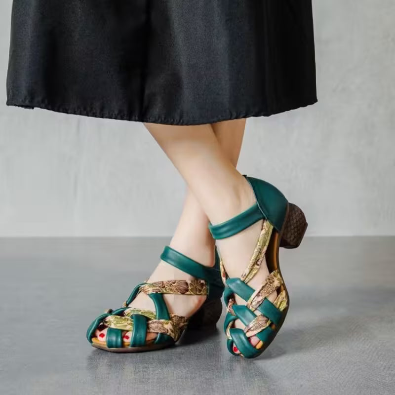 Ethnic Style Color-blocking Lace-up Sandals Women Green