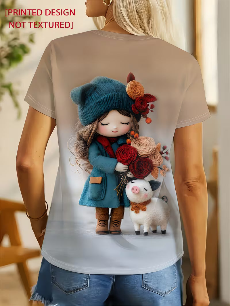 Gentle and Light Toned Outfit! Felt Texture Doll Hugging Flower+piglet Printed T-shirt