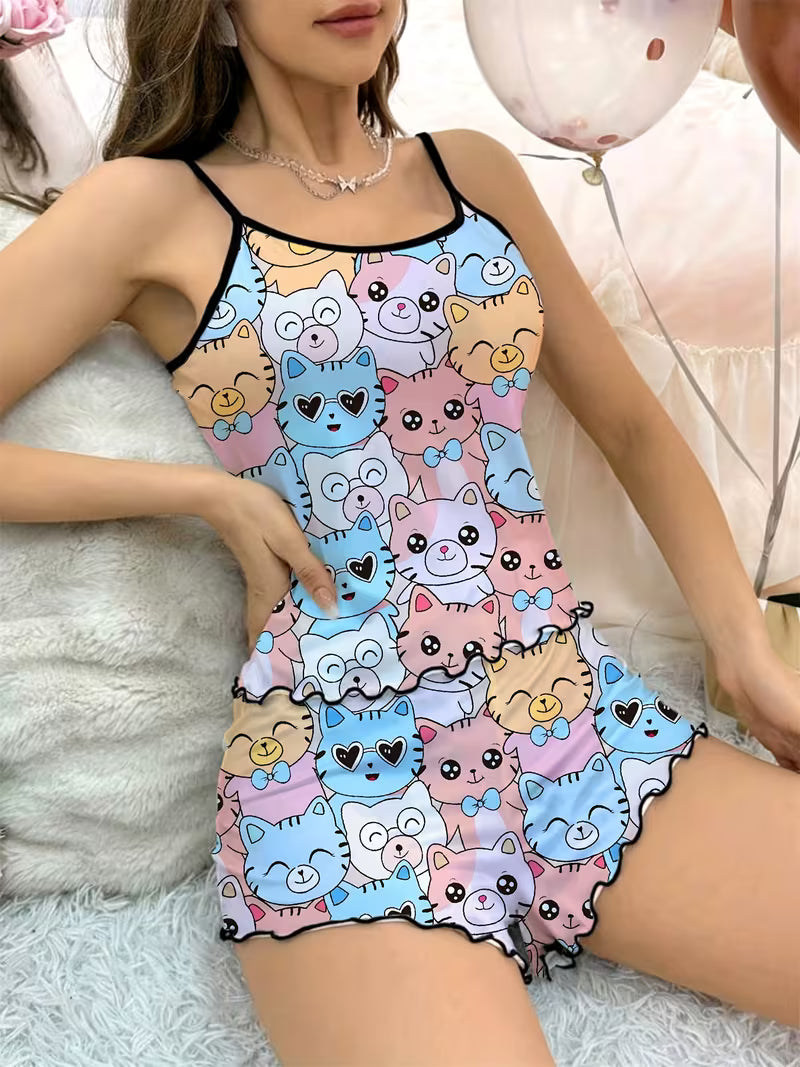 Women's Cat Cartoon Strappy Shorts Pajama Set