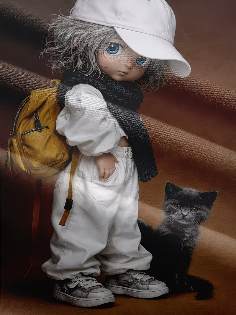 omen's Vintage 3D Kitten & Black Cat Print T-Shirt - Cute Chiba Kitten & Kitten Face Short Sleeve