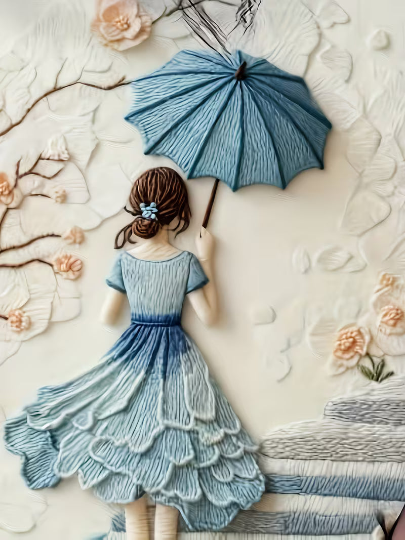 Women's Artistic Visual Three-Dimensional Embroidery Umbrella Flower Tree Staircase Print