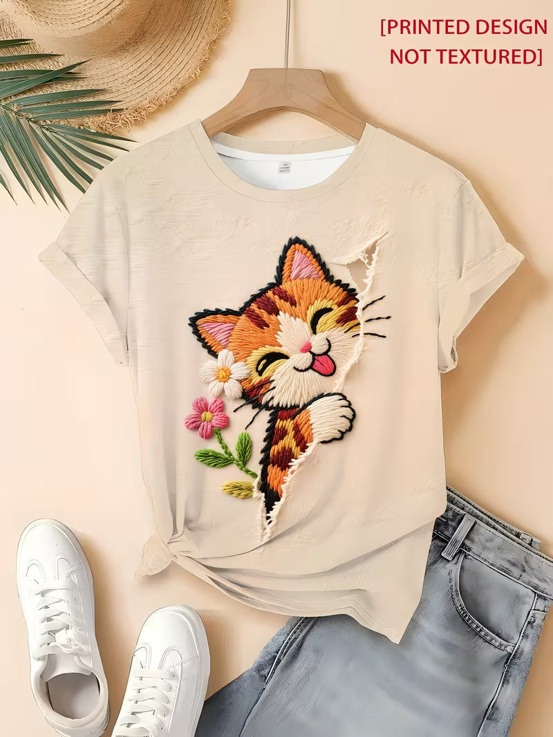 Elegant Crew Neck Women's T-Shirt | Cute Cat Print, Light Apricot Color, Comfortable Fit, All-Season