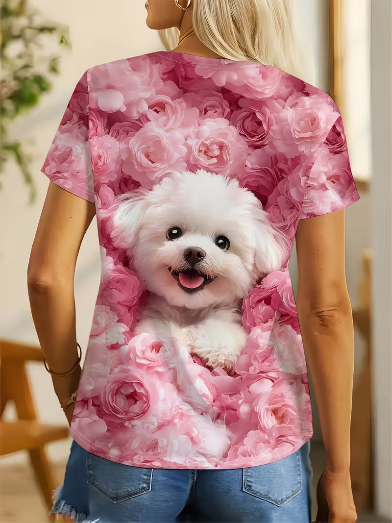 Pink rose and cute dog printed Women's T-shirt, sweet and elegant