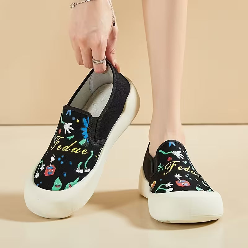 New Women'S Casual Shoes with Printed Breathable Lightweight Design Black