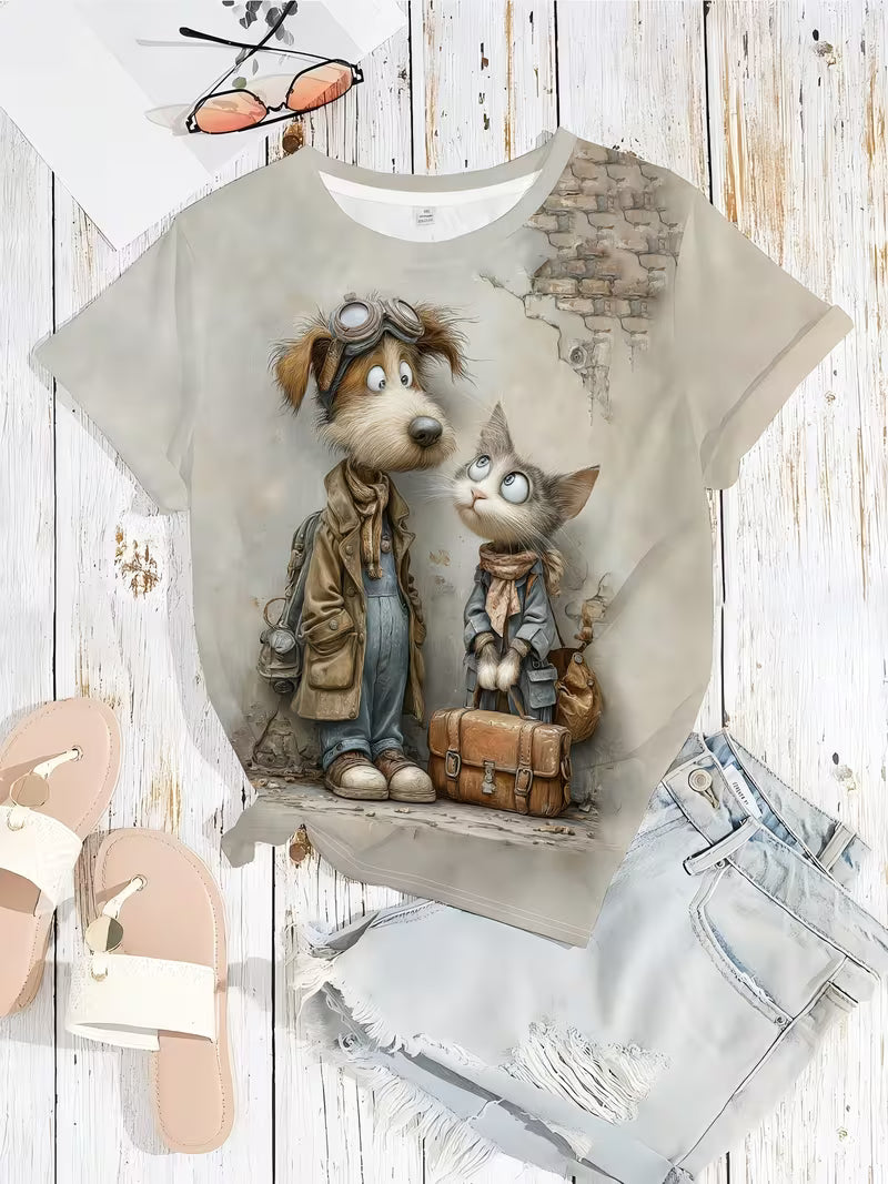 Women's Cat & Dog Print Round Neck T-Shirt - Cute Pet Patterns