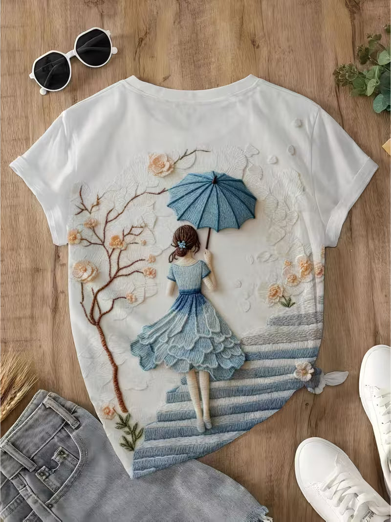 Women's Artistic Visual Three-Dimensional Embroidery Umbrella Flower Tree Staircase Print