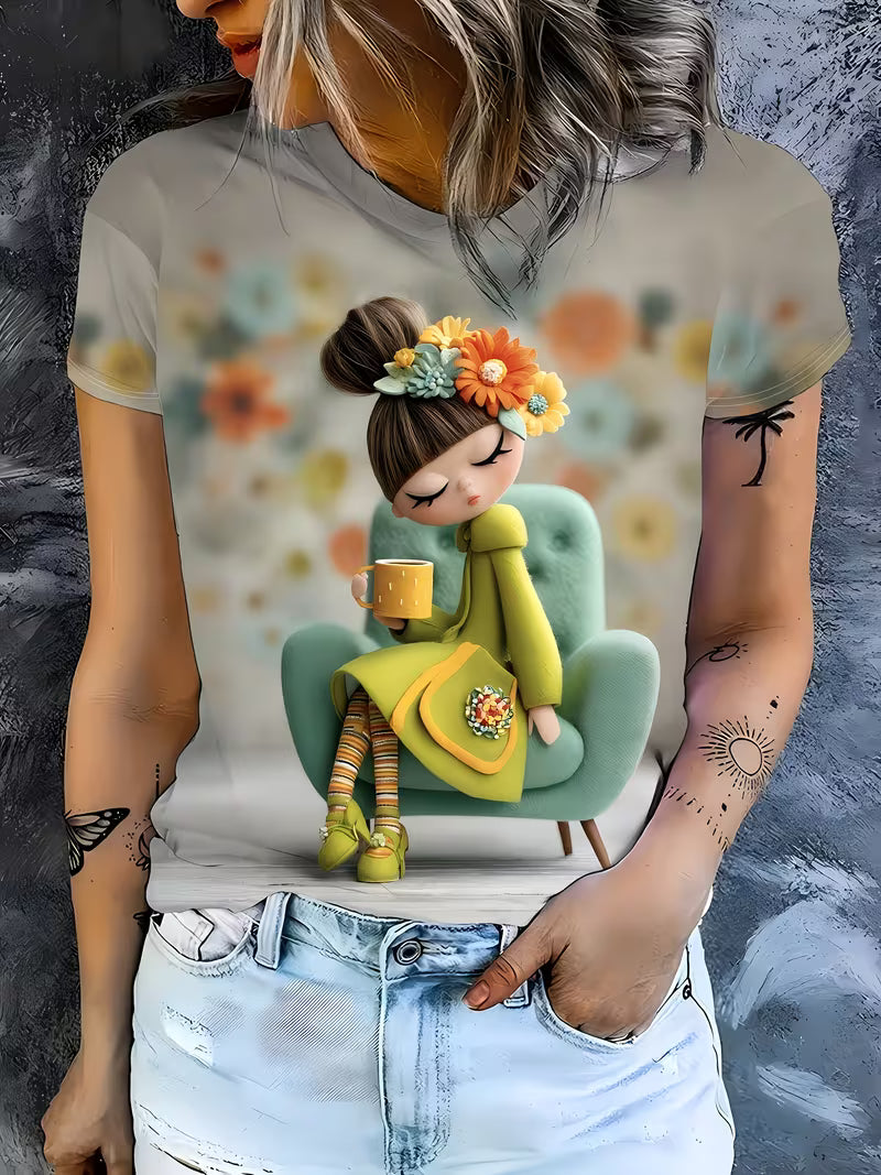 Stylish Women'S Print Design, a Chic And Comfy Casual Top, a Refined Round Neck T-Shirt