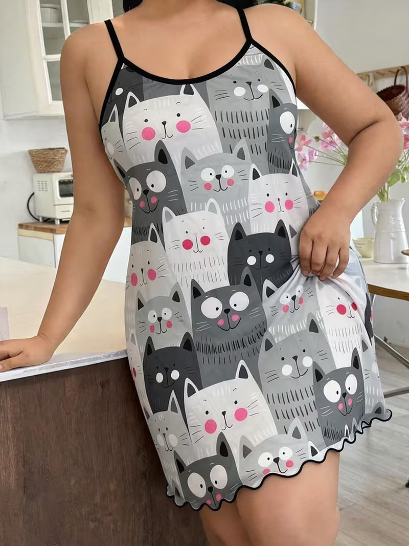 Cute Cartoon Kitten Print, Thin Strap Camisole Nightgown