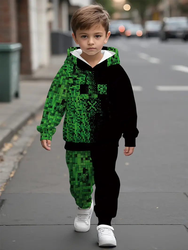 Baby Boys & Girls Hoodie Set Green & Black Pixelated