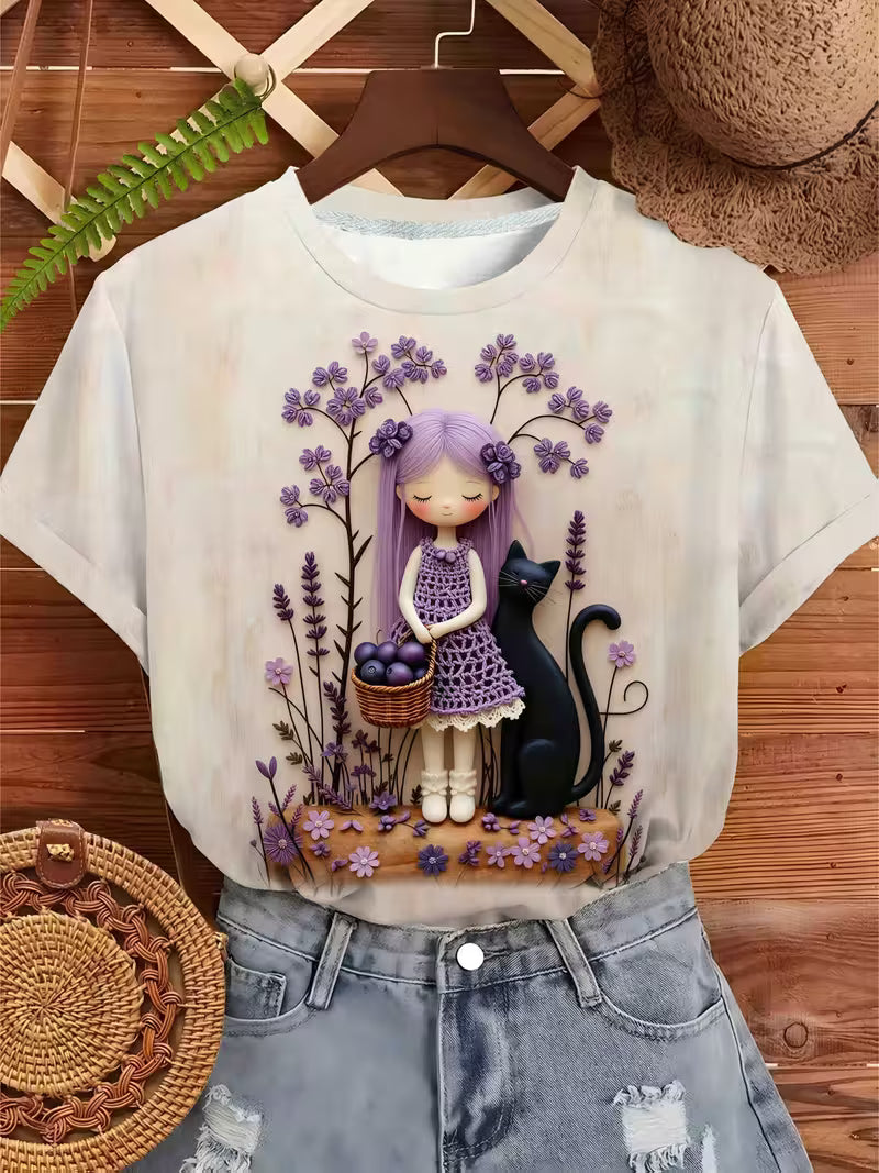 Cute 3D Embossed Black Cat Lavender Print Short Sleeve T-Shirt