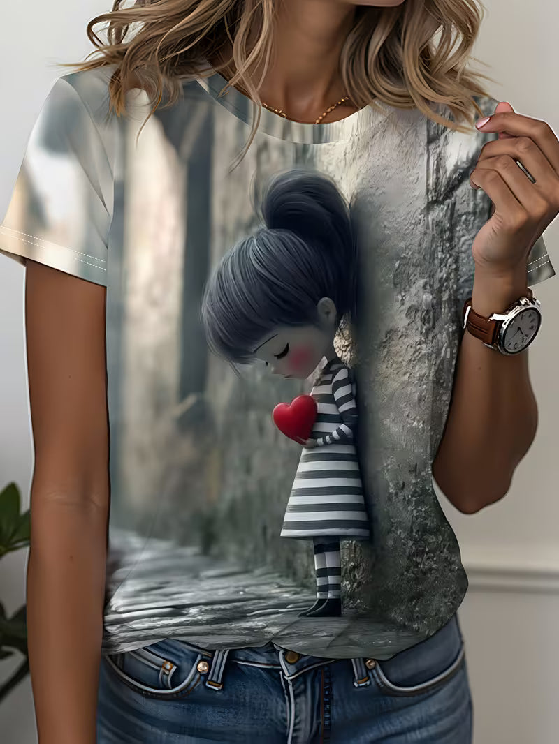 Women's Casual Round Neck T-Shirt - Heartwarming Hugging Heart Illustration Print