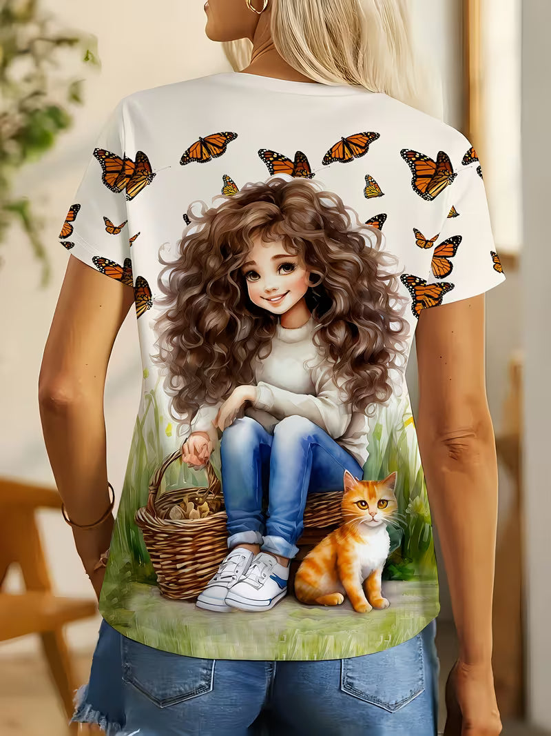 Women'S Casual "Wilderness with Butterflies" Graphic T-Shirt