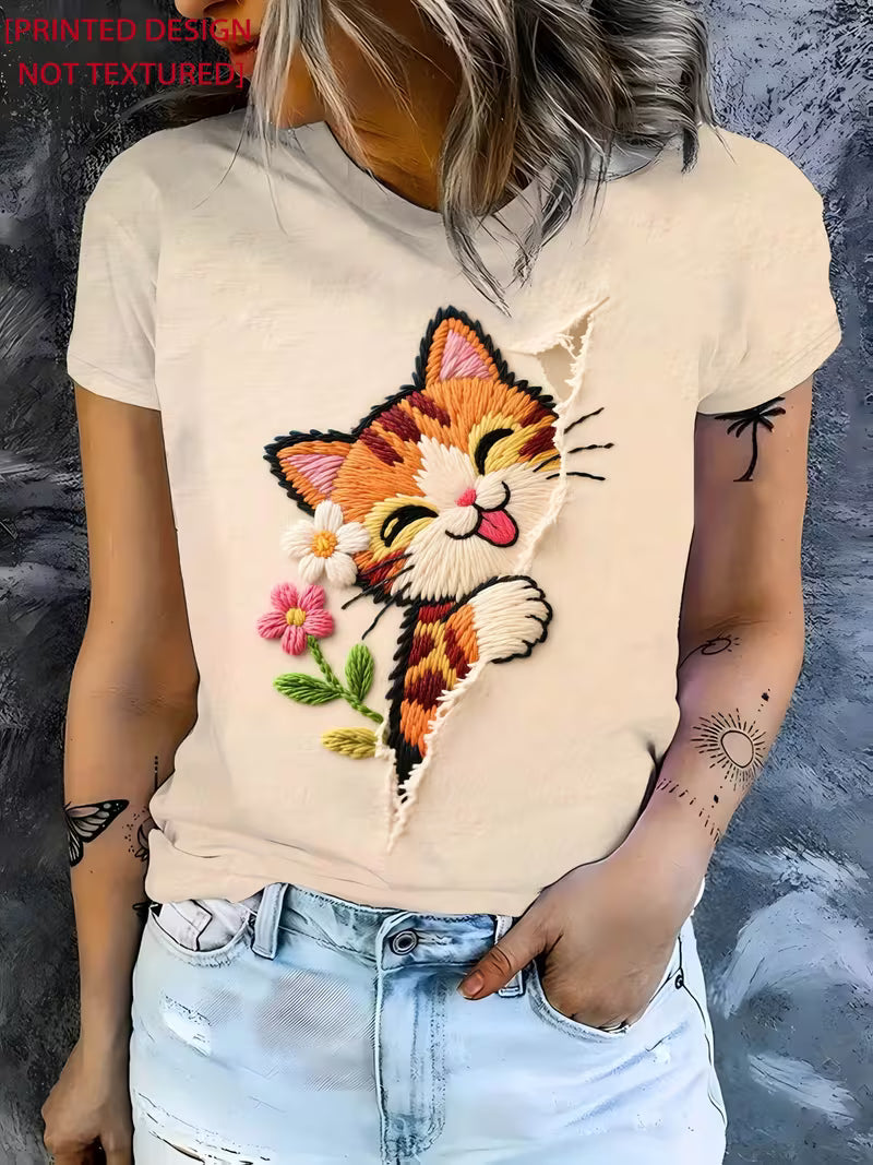Elegant Crew Neck Women's T-Shirt | Cute Cat Print, Light Apricot Color, Comfortable Fit, All-Season