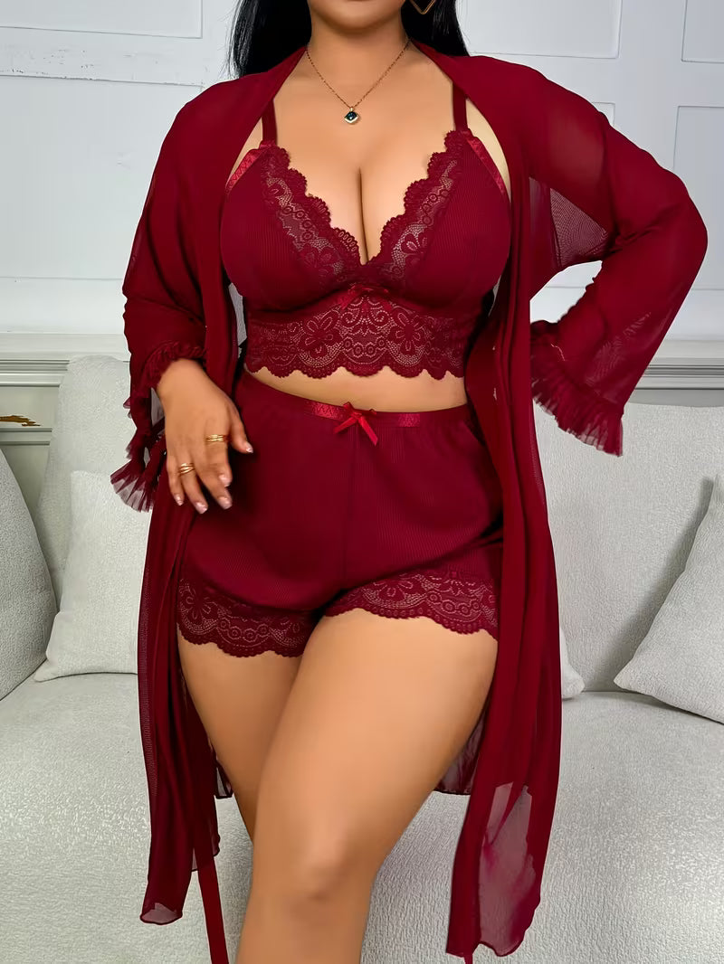 Sexy Lace Camisole Nightgown with Lace Trim, Floral Lace Long-Sleeve Mesh 3pcs Set with Suspender Shorts