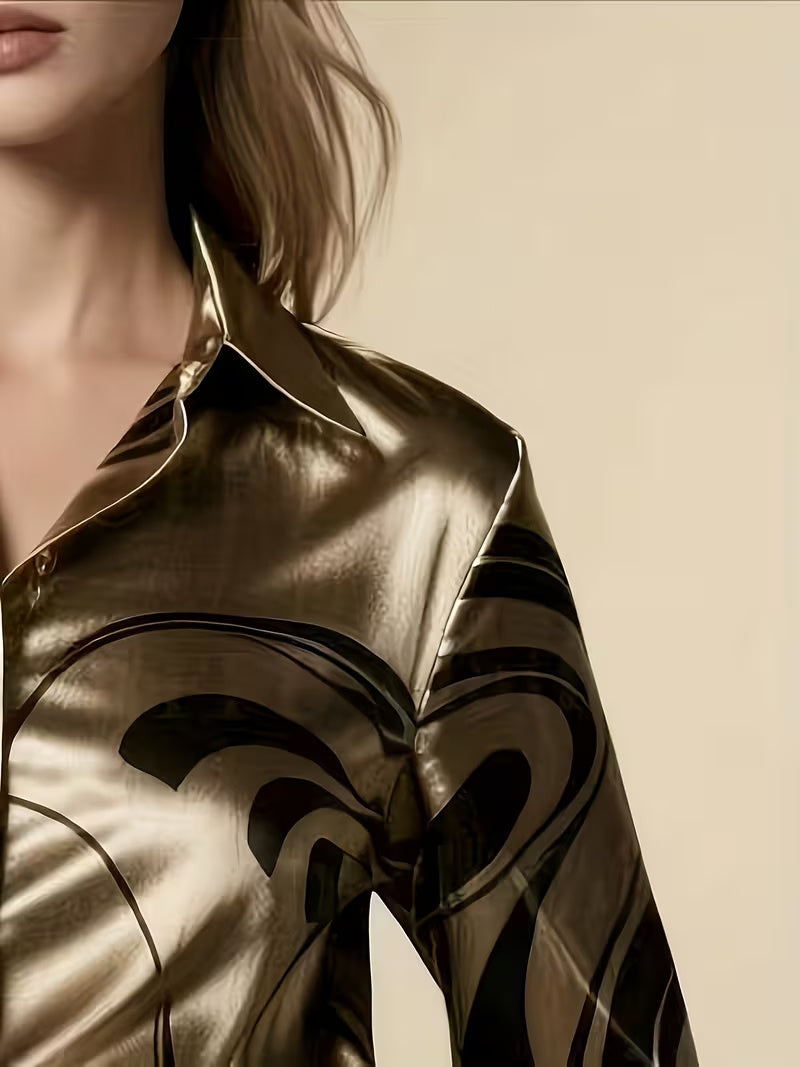 A Stylish Solid Color Satin Shirt Lapel Collar Gold