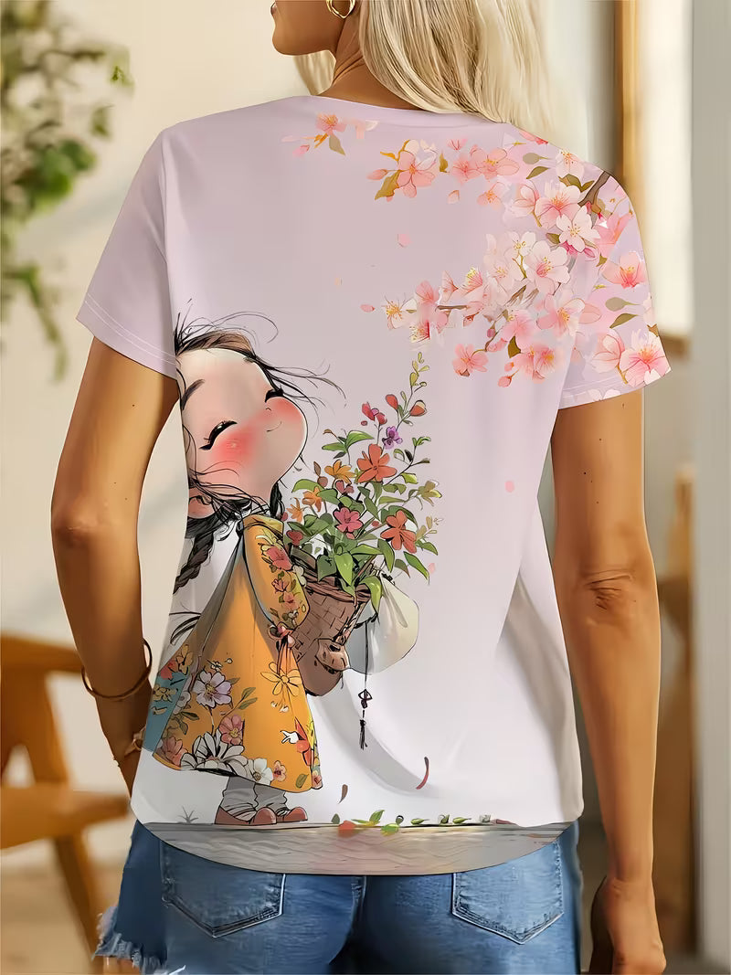 Women's Floral Cat Print T-Shirt