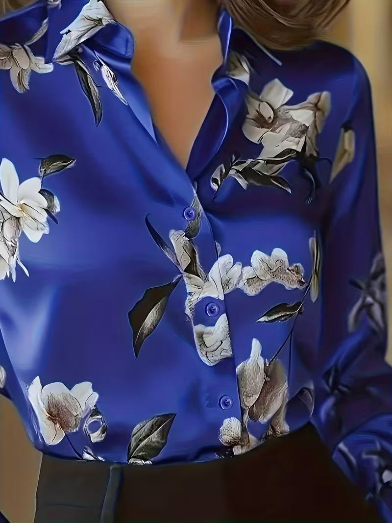 A Stylish Solid Color Satin Shirt Printed Blue