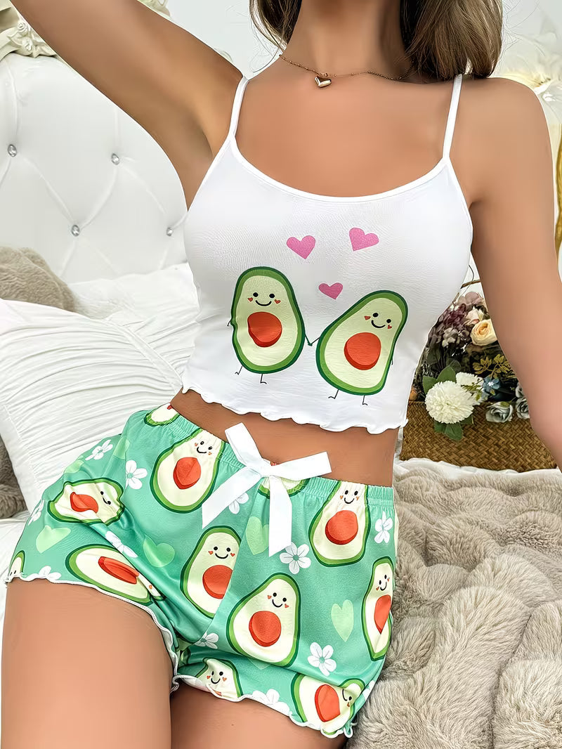 Cute Avocado Print Cami Top and Shorts Set White
