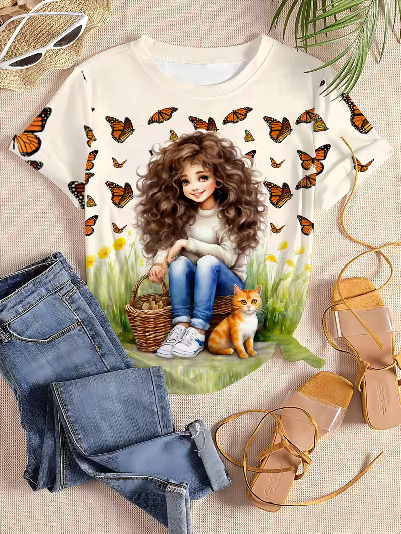Women'S Casual "Wilderness with Butterflies" Graphic T-Shirt
