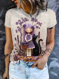 Cute 3D Embossed Black Cat Lavender Print Short Sleeve T-Shirt