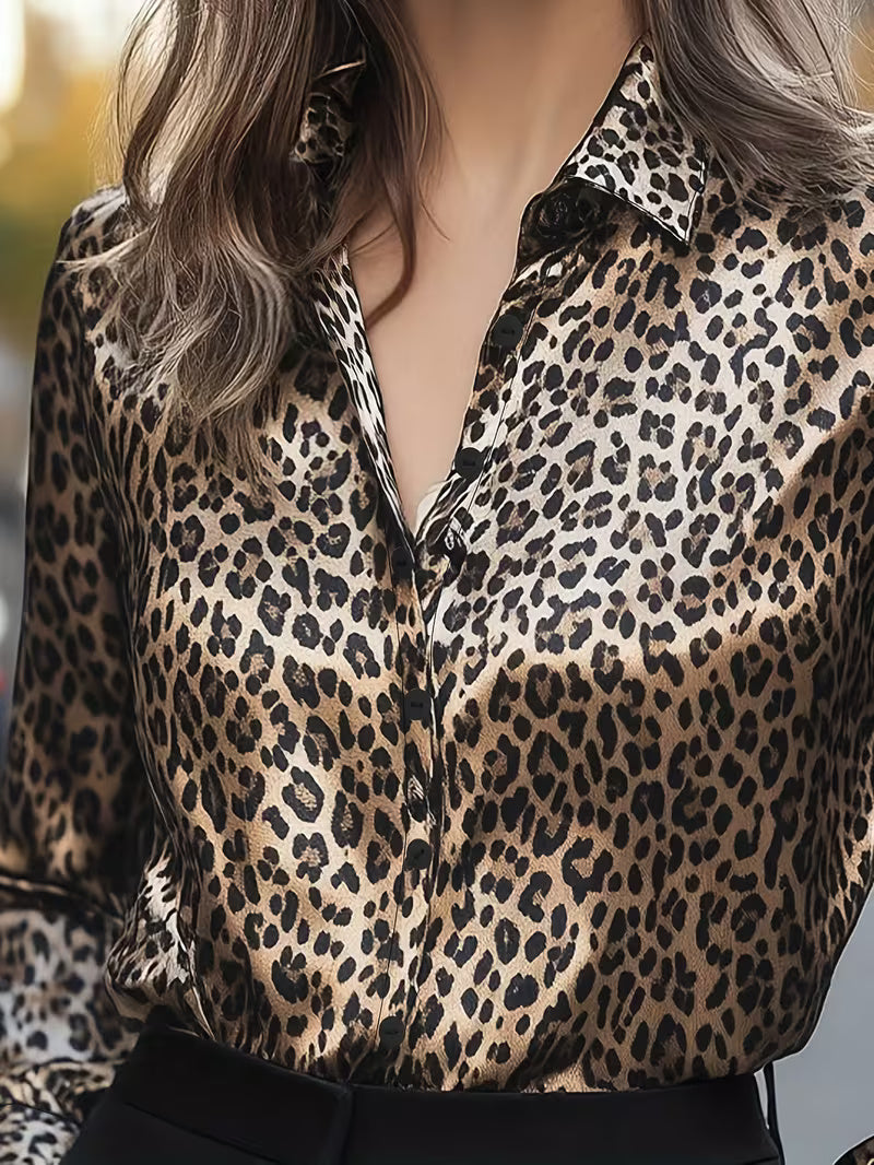 A Stylish Solid Color Satin Shirt Leopard Print Brown