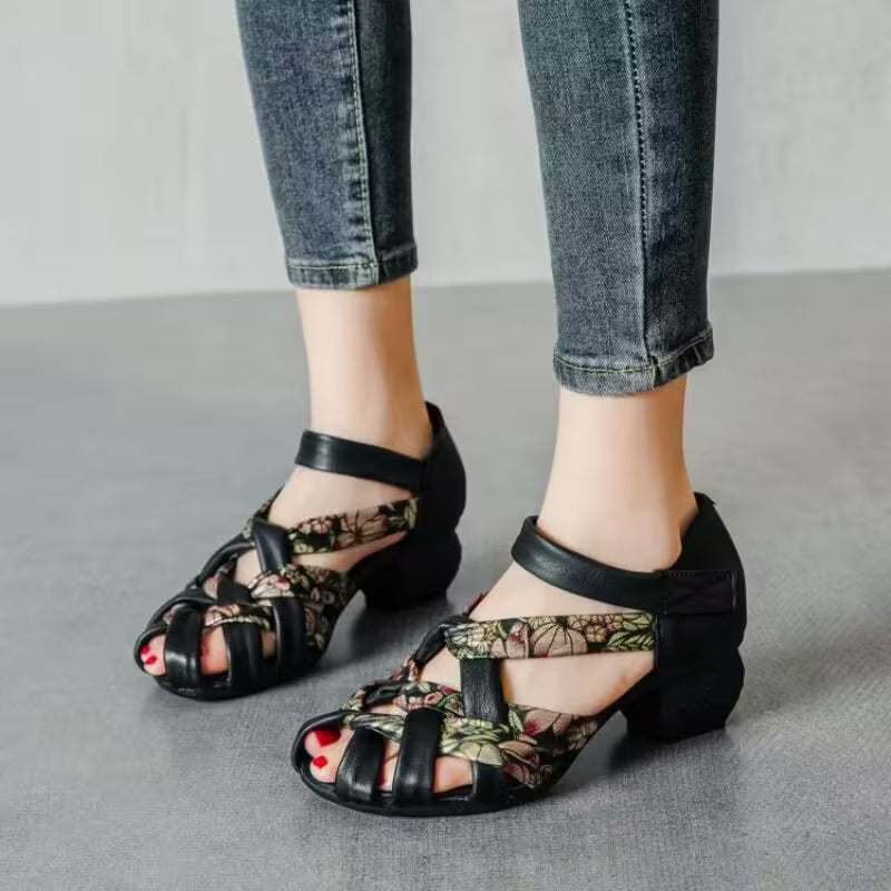 Ethnic Style Color-blocking Lace-up Sandals Women Black