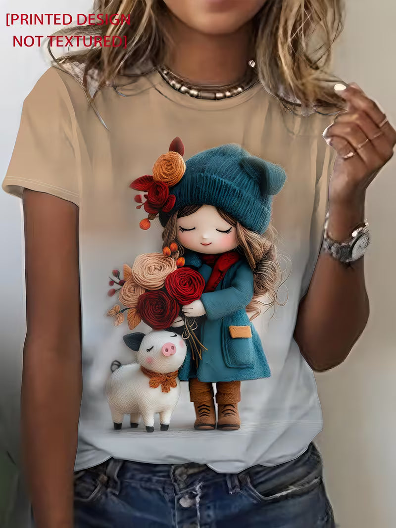 Gentle and Light Toned Outfit! Felt Texture Doll Hugging Flower+piglet Printed T-shirt