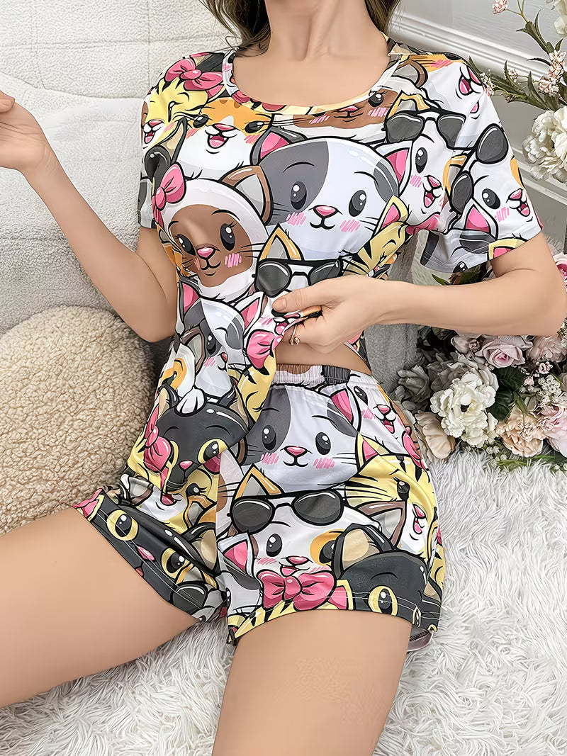 Women's Short-Sleeve Cartoon Cat Printed Cute Pajamas And Loungewear Set