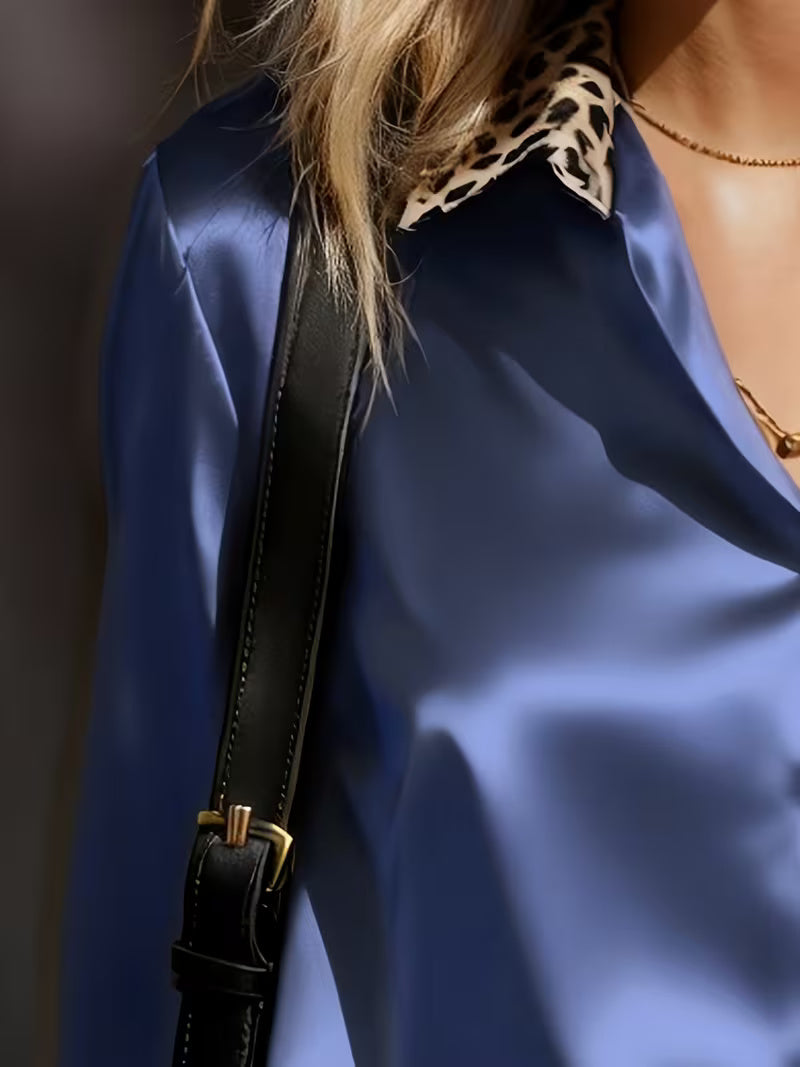 A Stylish Solid Color Satin Shirt Leopard Bright Steel Blue