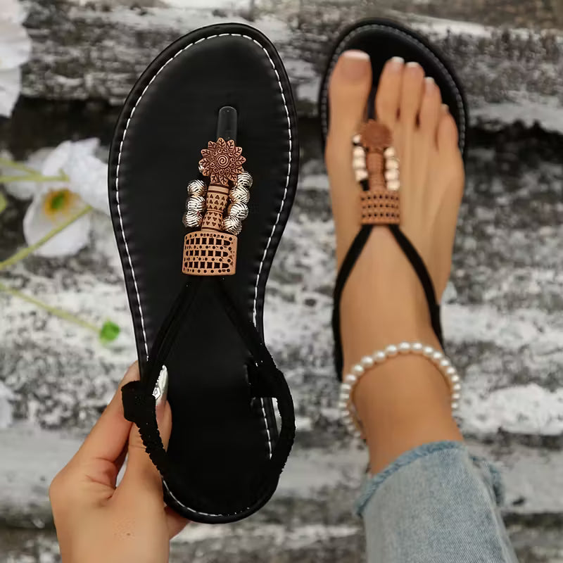 Ethnic Style Vintage Women's Flat Sandals, Women Shoes Black
