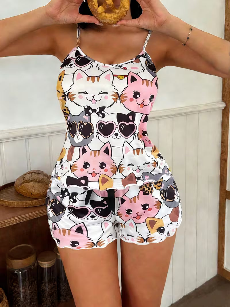 2pcs Women Cartoon Cat Print Pajama Set | Cute Strapless Design, All-Season Comfort, Perfect For Adults